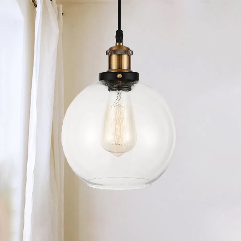 Clear Glass Globe Hanging Pendant Light with Adjustable Cord Industrial Suspension Lamp in Brass