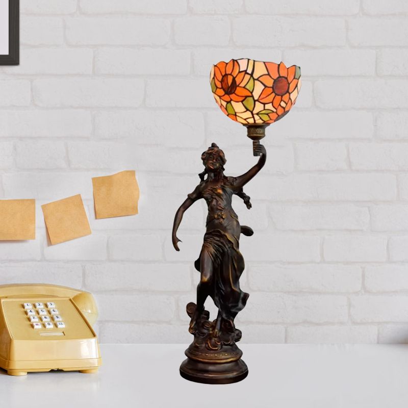 Couche de cloche inversée Éclairage 1-Light Orange / Yellow Blue Sunflower Glass Tiffany Tiffany Night lampe avec fille piédestal