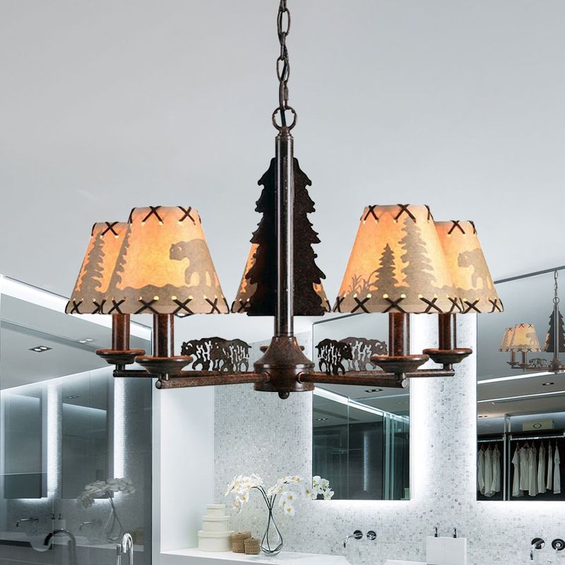 Cone Metal Chandelier Lighting Fixture Rural 5 Heads Dining Room Hanging Ceiling Light in Black with Beige Fabric Shade
