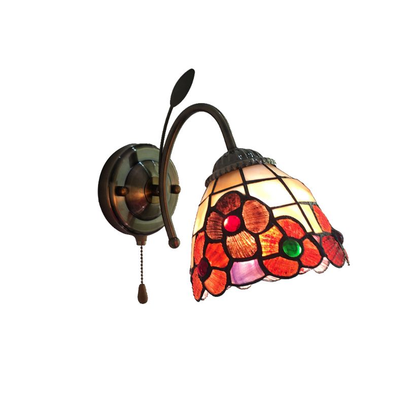 Orange Flower Wall Lighting Country Stained Glass 1 Head Wall Fixture Light with Pull Chain for Hallway
