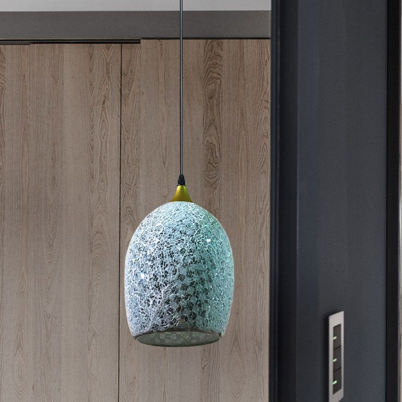 1 Bulb Dining Table Suspension Pendant Tiffany Black Hanging Light Kit with Ovoid Red/Pink/Black Crackle Glass Shade