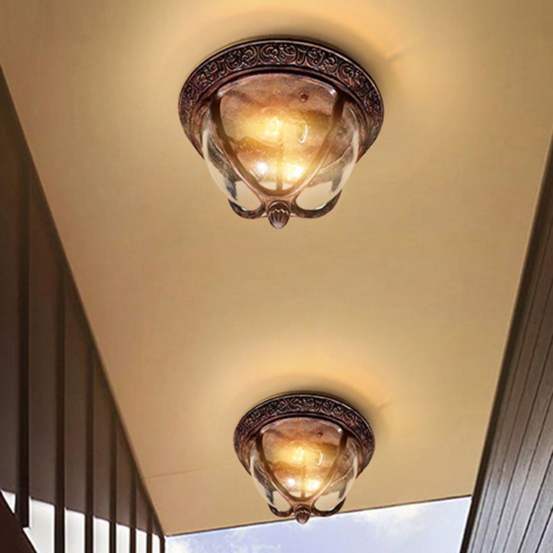 Copper Bowl Flush Lighting Vintage Seeded Glass 2 Bulbs Outdoor Flush Lighting for Balcony