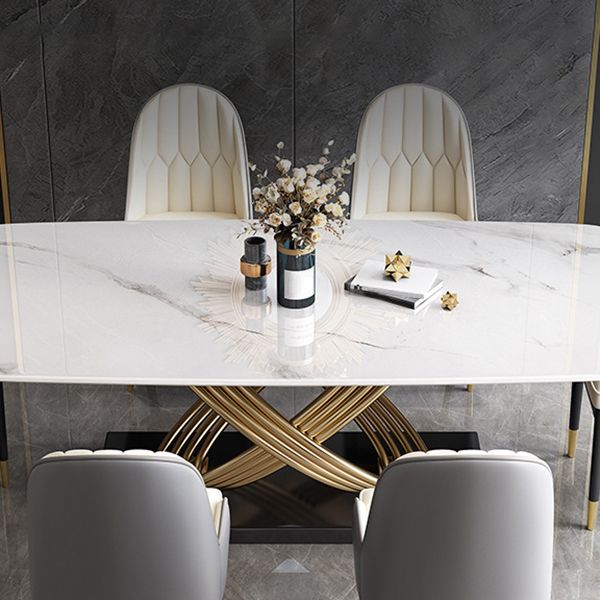 Stone Top Dining Table Modern Rectangle Dining Table with Gold Pedestal Base