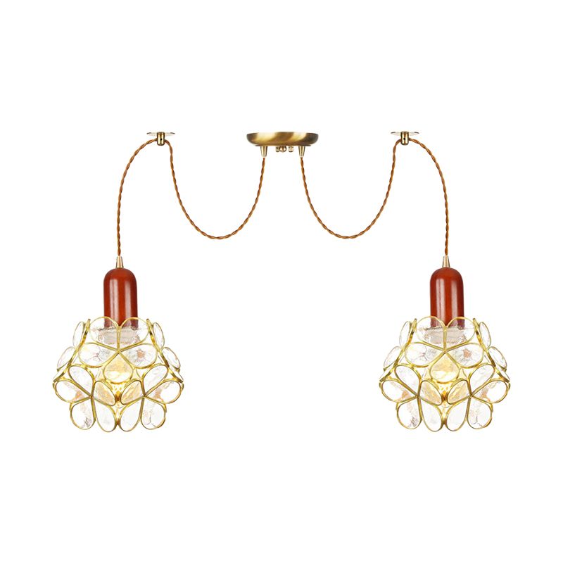 2/3/4-Head Clear Water Glass Pendant Light Traditional Gold Flower Bedroom Swag Multiple Hanging Lamp