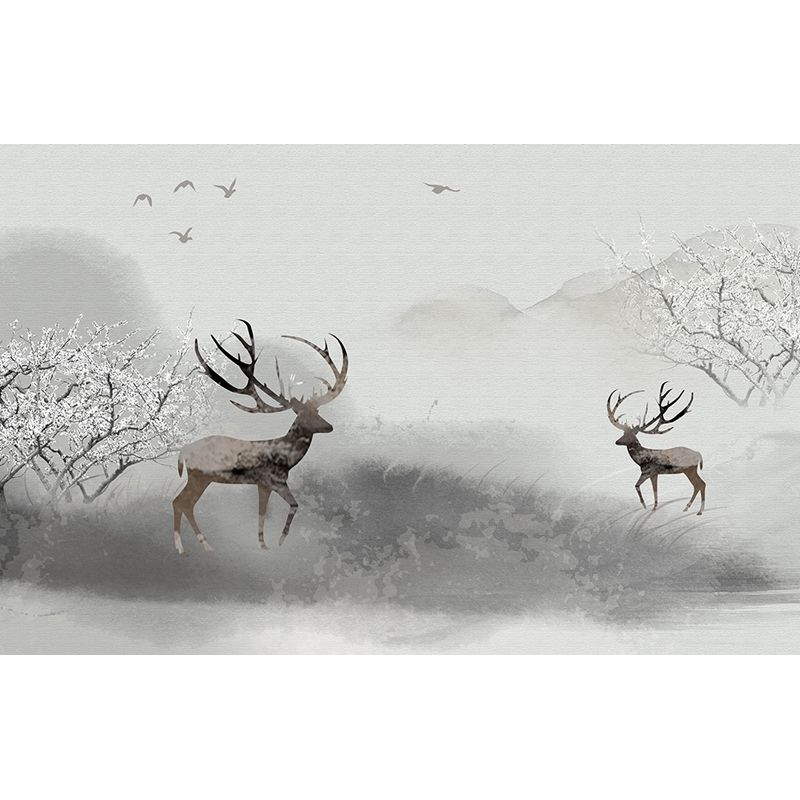 Peaceable Reindeer Mural Wallpaper Soft Color Modern Wall Covering for Living Room