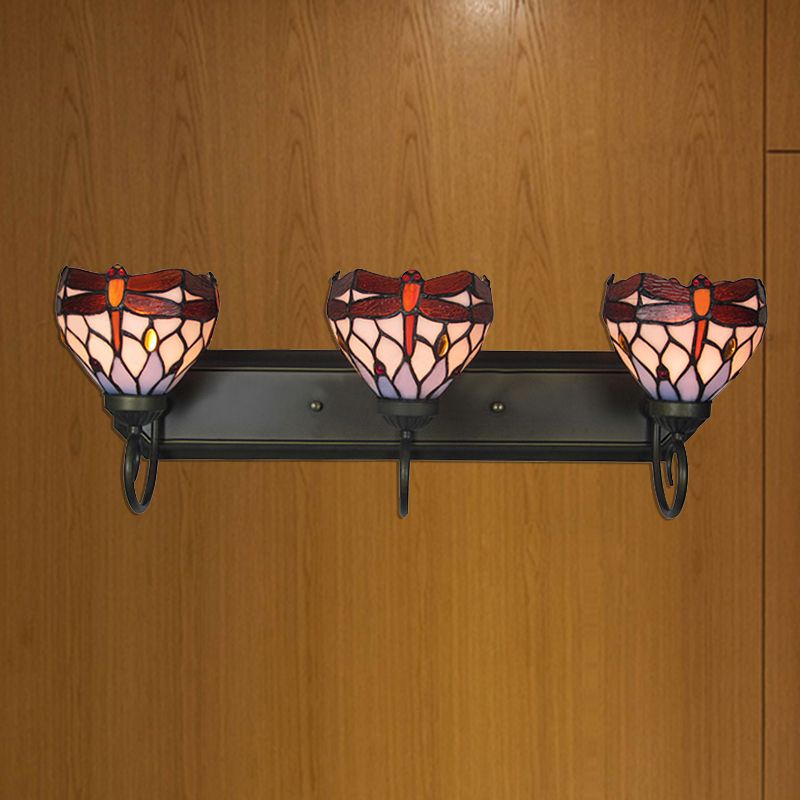 3 Lights Dragonfly Wall Lighting Stained Glass Lodge Vanity Light in Antique Brass for Bathroom