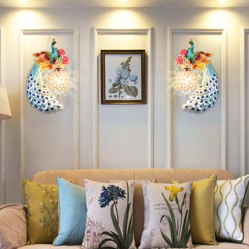 1/2-Pack Blue/Green Peacock Wall Light Fixture 8"/10" Wide 1 Head Retro Style Resin Wall Lamp with Crystal Global Shade, Left/Right