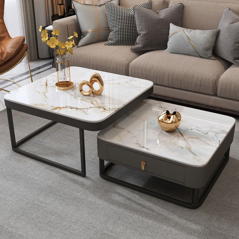 Coffee Table with a Framed Base and a Glass Top Made of Square Slate