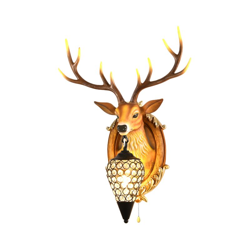 16"/18.5" W Rustic Droplet Sconce Lamp 1 Bulb Crystal Wall Mounted Light in Silver/White/Wood with Deer Resin Backplate