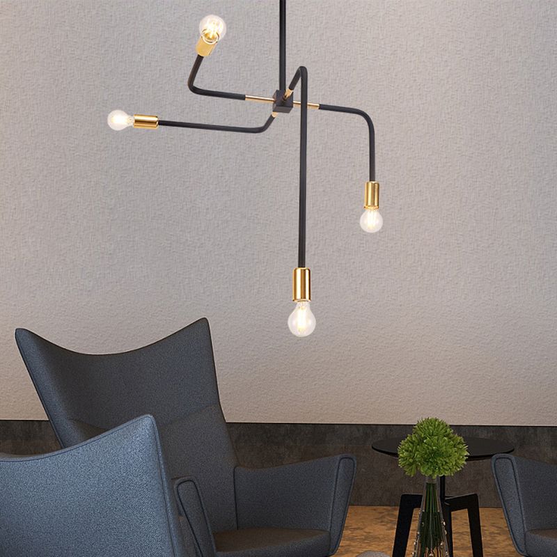4 Curved Arms Ceiling Lamp Postmodern Metal Bare Bulbs Black Hanging Chandelier Light for Living Room