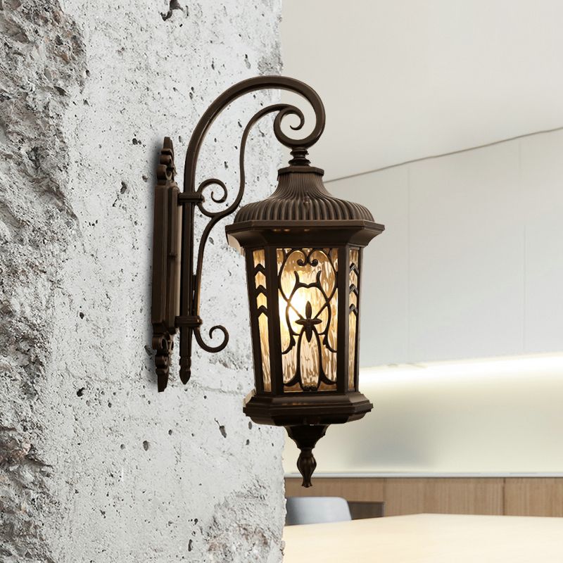 1-Head Wall Sconce Lighting Country Lantern Metallic Wall Mounted Lamp in Black with Water Glass Shade