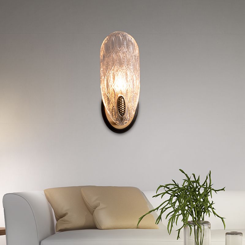 Textured Glass Oval Wall Lamp Modern 1/2-Light Wall Light Fixture in Black and Gold for Corridor