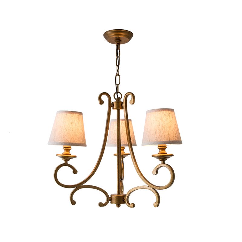 Fabric Brass Chandelier Pendant Light Conic 3/6-Light Country Ceiling Suspension Lamp with Swooping Arm