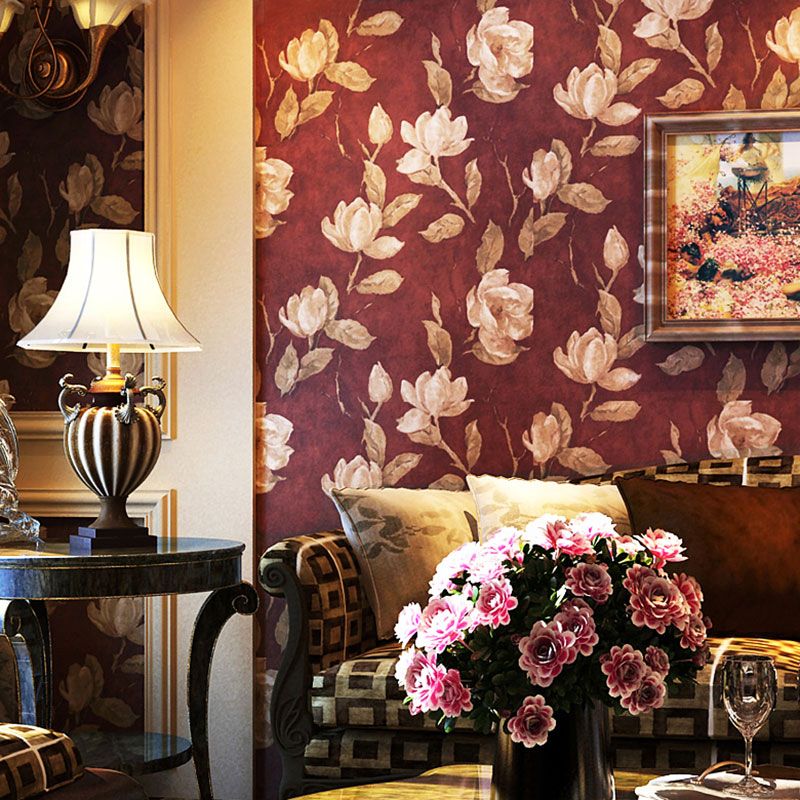 Dark Red Blossoming Roses Wallpaper Moisture-Resistant Wall Decor for Bedroom, Non-Pasted