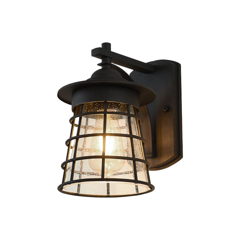 Conical Yard Wall Light Sconce Cottage Clear Ripple Glass 1 Light Black Finish Wall Mounted Lamp with Cage