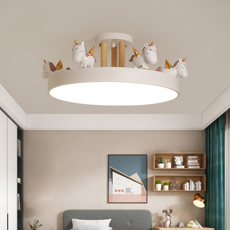 Runde LED Semi Flush Mount Kids Style Acryl Baumschule Deckellicht mit Harz Einhorn