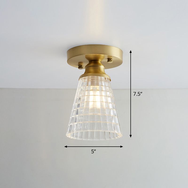 Industrial Small Ceiling Light Fixture 1-Light Textured Glass Semi Flush Mount in Brass for Aisle