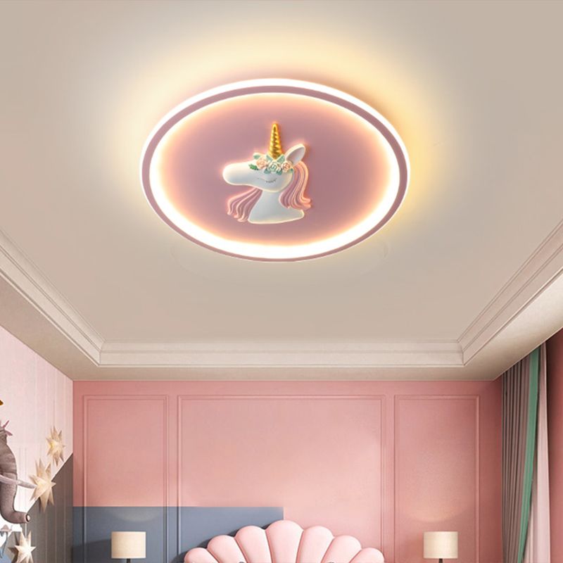 Luminaire encastré à 1 lumière LED en forme de dessin animé en métal licorne pour chambre d'enfant