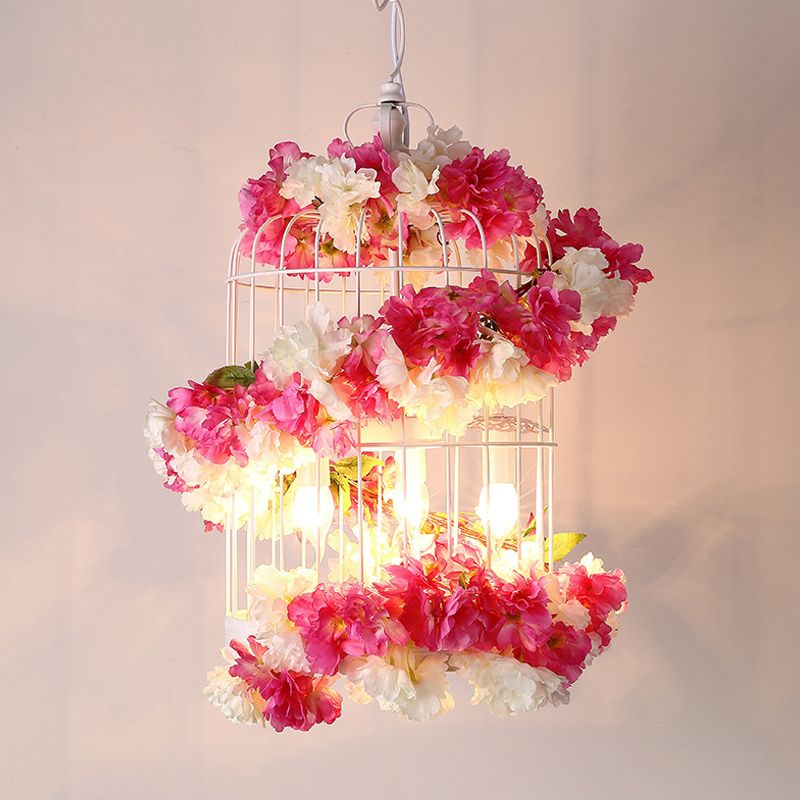 Antique Birdcage Ceiling Chandelier 3 Bulbs Metal Flower Drop Lamp in Rose Red for Restaurant