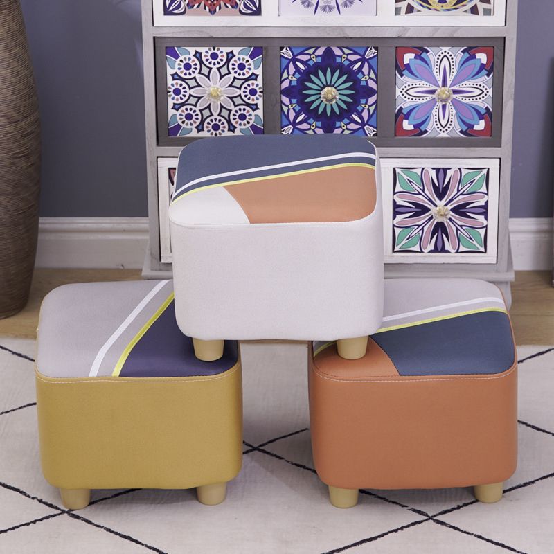 Contemporary Pouf Ottoman Fabric Upholstered Patchwork Solid Wood Frame Square Ottoman
