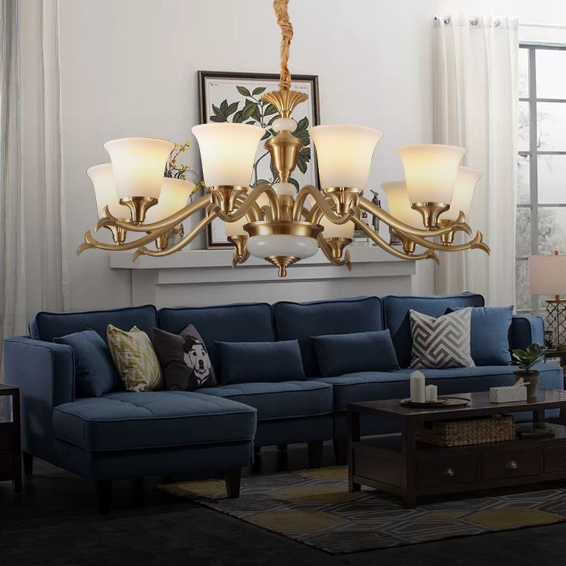 Gold Floral Shade Pendant Light Traditional White Glass Living Room Chandelier