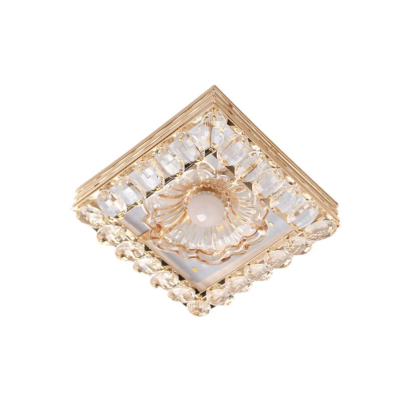 Minimal Round/Square Ceiling Lamp LED Faceted Crystal Flush Mount Fixture in Gold with Flower Shade