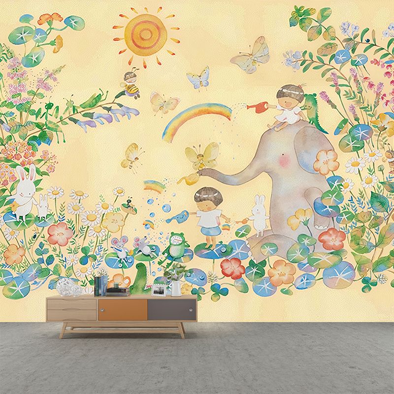 Wonderland Mural Wallpaper Pastel Color Childrens Art Wall Covering for Kindergarten