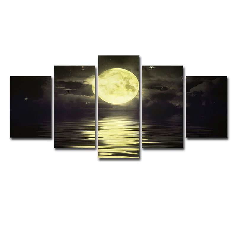 Super Moon over Ocean Art Print Modernist Multi-Piece Canvas in Yellow for Living Room