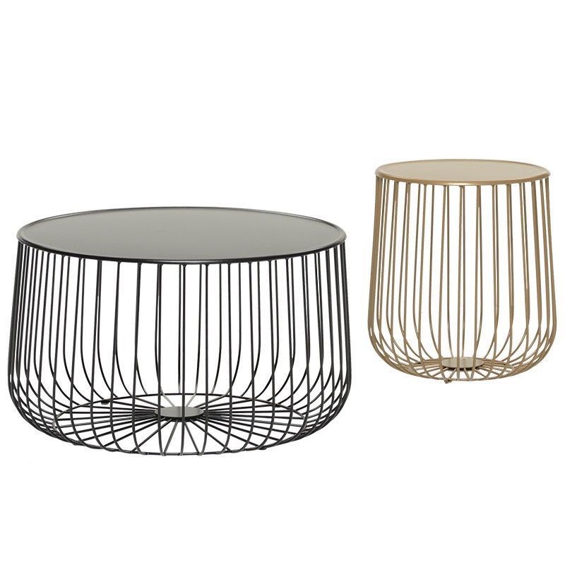 Mid-century Modern Round Iron Coffee Table, Brass/Black Frame Cocktail Table with Storage