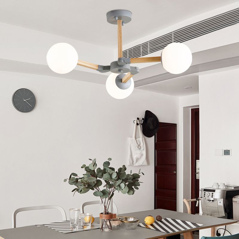 Living Room Chandelier Wooden Macaron Suspension Light with White Glass Shade