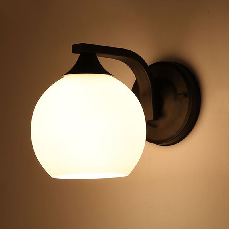 Black Domed Wall Lamp Modern 1-Light White Glass Wall Mounted Light for Stairs
