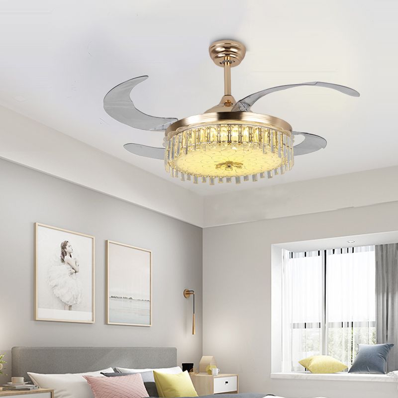 Gold Round Ceiling Fan Light Modern LED Crystal Semi Mount Lighting with Remote Control/Wall Control
