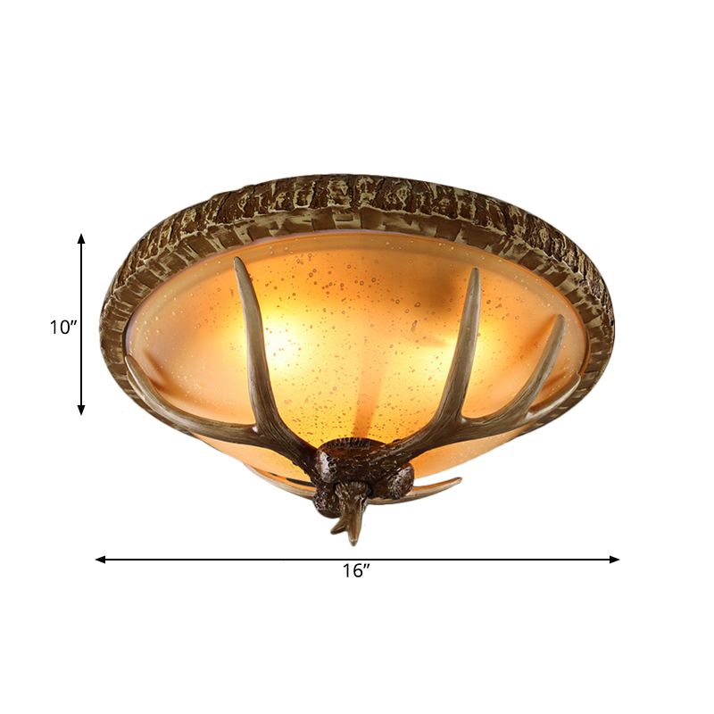1 Light Domed Flush Light Fixture Country Brown Resin Ceiling Mount for Bedroom with Elk Pattern