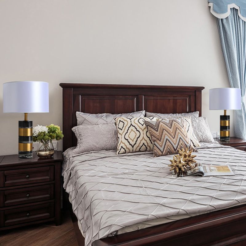 Modern Drum Nightstand Lamp Fabric 1 Head Living Room Table Lighting with Marble Base in White