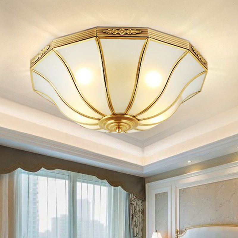 Traditional Bell Shaped Flush Mount Lamp Opaline Glass Flush Ceiling Light in Brass for Corridor