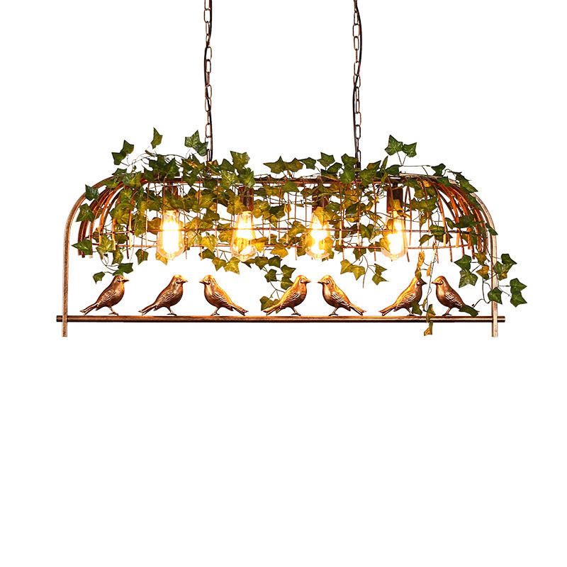 Rustic Birdcage Island Light Fixture Metallic Ceiling Pendant Light with Artificial Ivy for Restaurant