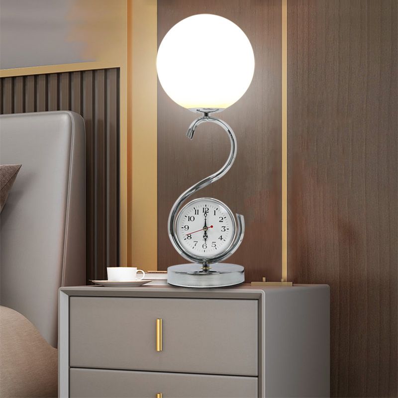 White Glass Ball Nightstand Lamp Modern 1-Light Table Light with S-shaped Base and Clock