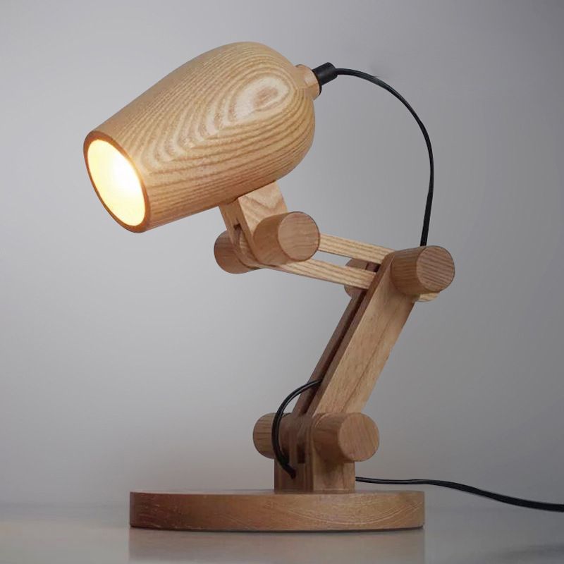 Luce da tavolo robot Nordic Wood Kids Cowned Luce LED LED con braccio azionario in marrone
