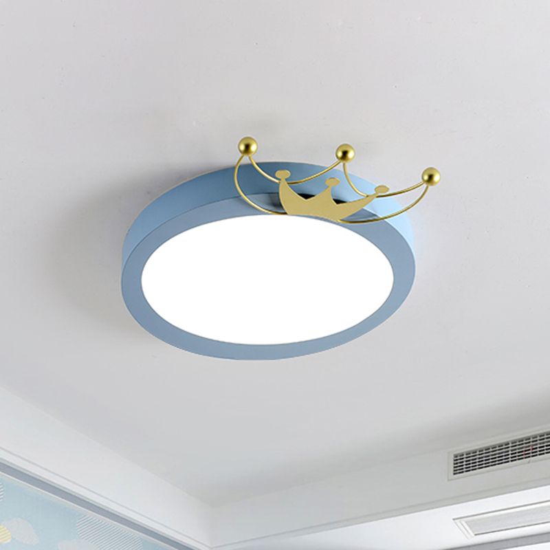 Nordic Drum Flushmount Lighting with Gold Crown 1 Head Led Blue/Pink Flush Light for Kids, Warm/White Light