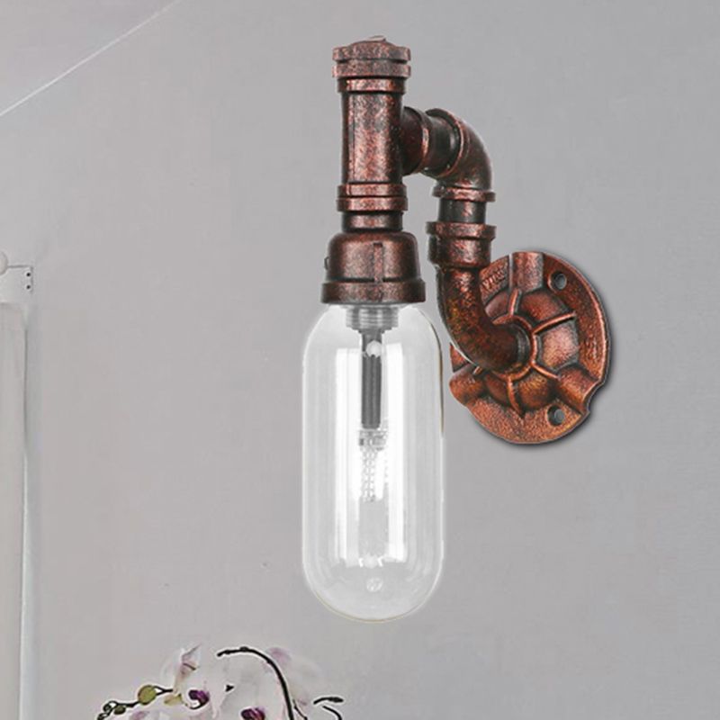 Oval Bedroom Wall Light Fixture Industrial Clear Glass 1/2 Lights Weathered Copper Sconce Lamp with Pipe Design