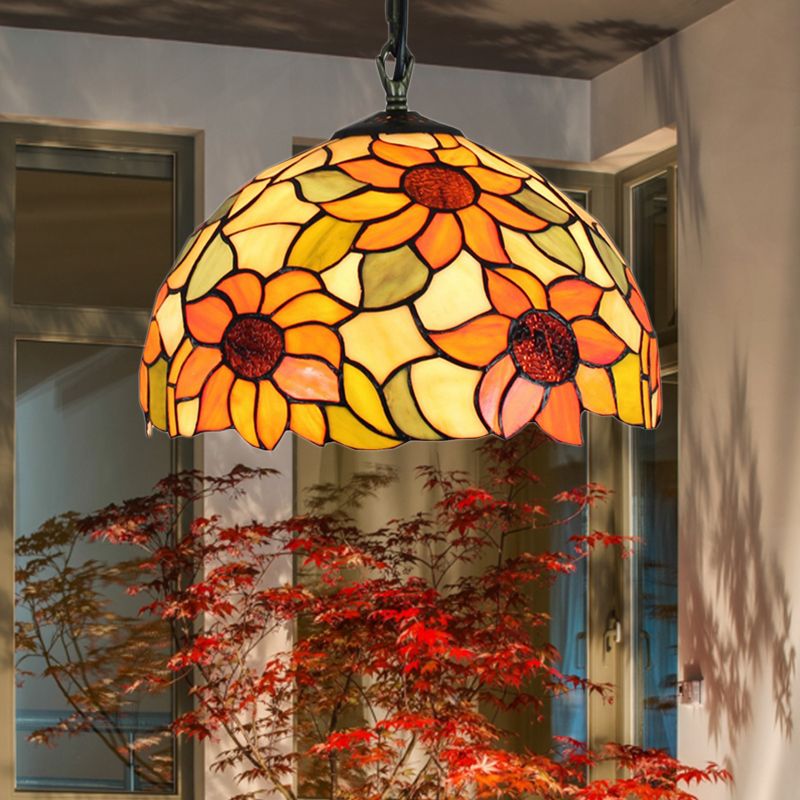 1 Bulb Living Room Hanging Lamp Tiffany Ceiling Pendant Light with Sunflower Orange Cut Glass Shade