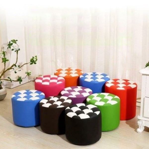 Modern Stain Resistant Standard Round Check Pattern Leather Pouf for Drawing Room