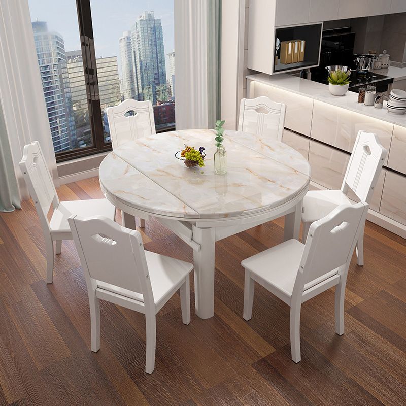 Modern Round White Stone Top Retractable Dining Table with 4 Rubberwood Legs