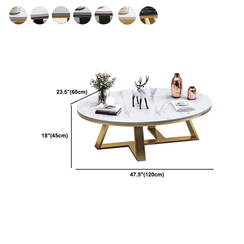 Glam Oval Stone Top Coffee Table with Iron Cross Base Cocktail Table