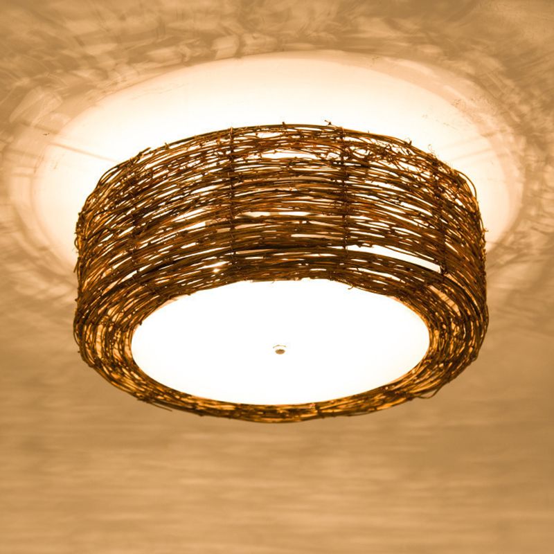 Brown Drum Flush Mount Fixture Asia Style Rattan Flush Mount Lamp