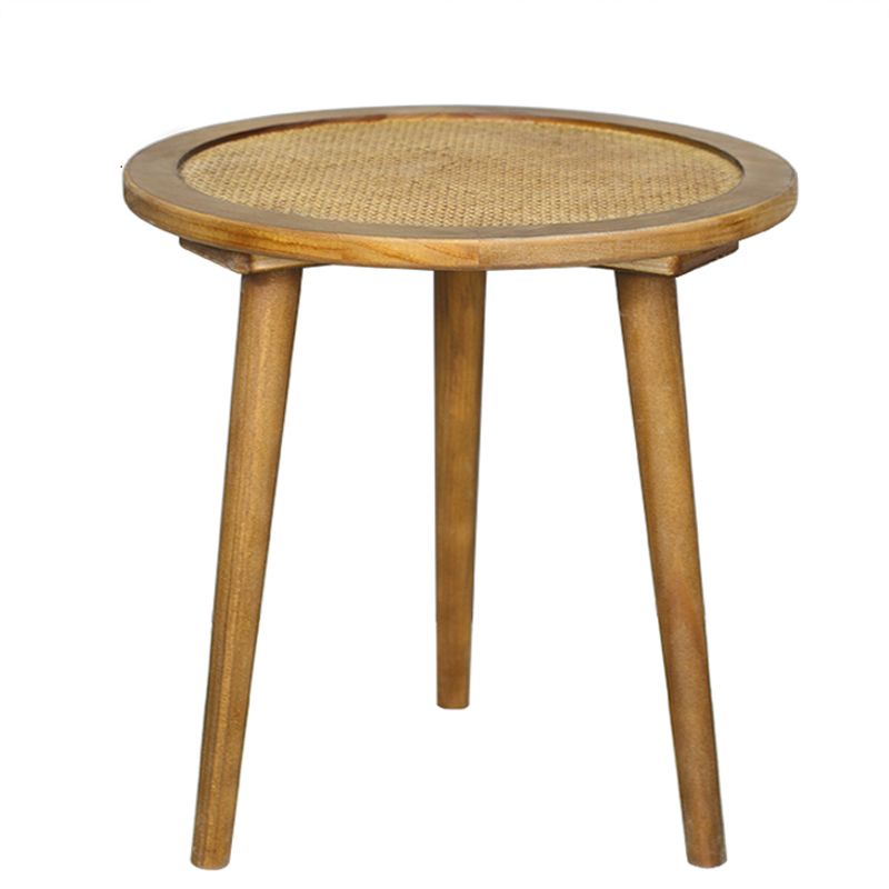 French Rustic Round Rattan Top Side Table 3 Legs Wooden End Table