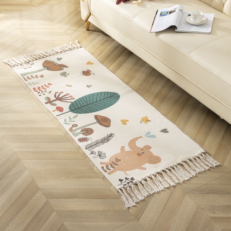 Modern Plant Printed Rug Multi-Colored Jute Area Carpet Easy Care Pet Friendly Stain-Resistant Indoor Rug with Tassel for Bedroom