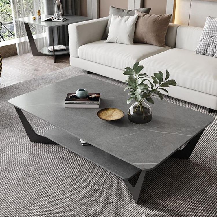 15.7" H Rectangle Slate Coffee Table Metal 4 Legs Cocktail Table with Shelf