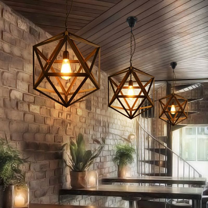 Hexahedron Wrought Iron Cage Hanging Light Vintage Industrial Style Lighting Fixture with 31.5" Adjustable Suspended Chain