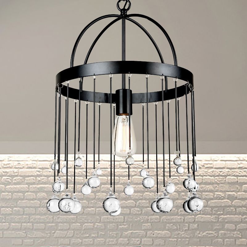 Lámpara de suspensión de estilo industrial de colgante colgante de anillo de 1 luces con bola de cristal deco en negro